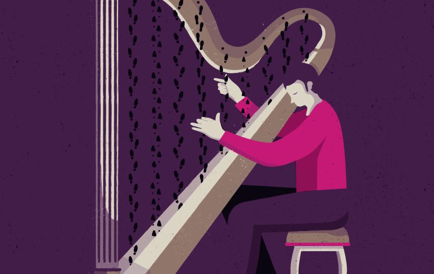 An illustration of a person playing a harp