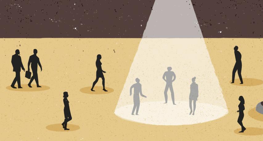 An illustration of people walking beneath a spotlight