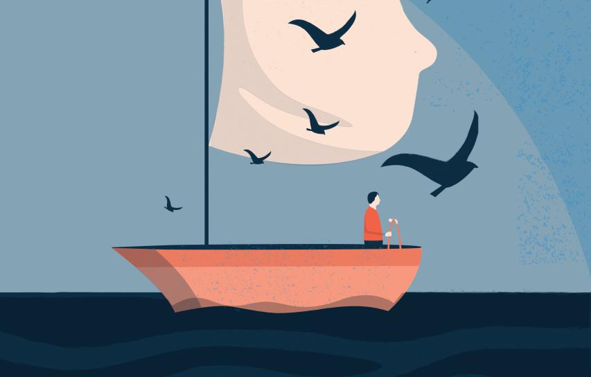 An illustration of a person floating in the ocean on a boat